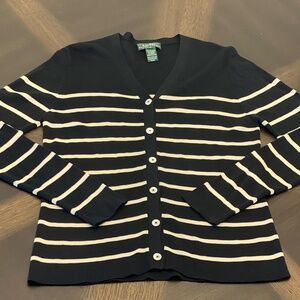 Lauren Ralph Lauren Black Cardigan M 100% Spun Silk Knit Classic Sweater